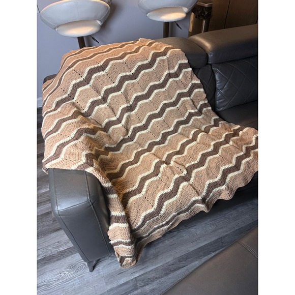 Handmade Other - Vintage Handmade Crochet Chevron Ripple Throw Blanket Brown Tan Cream Afghan
